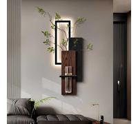 Décoration murale en grès avec éclairage LED, tableau mural 3D, sculpture murale moderne, interface USB, vase verre et plante verte artificielle, idéale pour le salon ou l'entrée.(C,21 * 58CM)