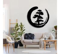 Décoration Murale en métal, Arbre bonsaï, décor Circulaire Enso, Art Zen, pour Salon (Noir, 35 x 35 Pouces / 90 x 90 cm)