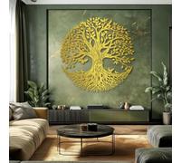 Décoration Murale en métal, Arbre de Vie avec Branches Rondes et Oiseaux, pour Salon (doré, 80 x 80 cm)