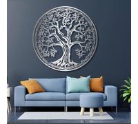 Décoration murale en métal Arbre de vie - Silhouette d'arbre, décoration de salon, chambre à coucher (80 x 80 cm, argent)