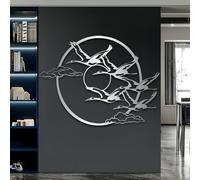 Décoration Murale en métal argenté représentant des Oiseaux, Grue en métal, Sculpture Moderne pour Salon, Chambre, Couloir et escalier, Inspiration Nature (Argent 119 x 89 cm / 12 Pouces)