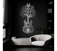 Décoration Murale en métal argenté Sculpture Suspendue représentant Une Guitare et l'arbre de Vie Idéale pour Le Salon la Chambre la Salle de Bain ou Le Bureau Dimensions : 76 x 40 cm (30 x 16 Pouces