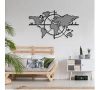 Décoration Murale en Métal Carte du Monde rayé, Line Art Mural Carte du Monde avec les points cardinaux, wall art metal 96 x 62 cm