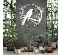 Décoration Murale en métal Corbeau Blanc sur Une Branche Oiseau Gothique Corbeau Décoration extérieure Sculpture Moderne pour Salon Chambre Couloir et escaliers Nature Maison (