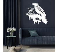 Décoration Murale en métal : Corbeau Blanc sur Une Branche Style cabane Oiseau de Jardin Sculpture Moderne pour Salon Chambre Couloir et escaliers décoration extérieure Style Nature (Blanc)