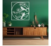 Décoration Murale en métal d'art Minimaliste Moderne 2 rossignols se dressent au Sommet d'un Magnolia Style bohème Oiseau et Maison Salon Chambre Salle de Bain Cuisine (Blanc 90 cm