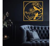 Décoration Murale en métal d'art Minimaliste Moderne 2 rossignols se tiennent au Sommet d'un Magnolia Style bohème Oiseau et Maison Salon Chambre Salle de Bain Cuisine (Or 90 cm x