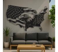 Décoration Murale en métal d'art Minimaliste Moderne Drapeau avec Aigle à tête Blanche Noir Patriotique Salon Garage Bureau Grande Sculpture USA (Noir 24" x 15" / 60 37 cm)