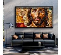 Décoration Murale en métal d'art Minimaliste Moderne Portrait de Jésus sur Toile avec Impression biblique encadrée Noire et dorée Peinture Murale Religieuse pour la Maison, la Cham