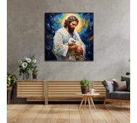 Décoration Murale en métal d'art Minimaliste Moderne Toile Jésus avec Style Van Gogh - Affiche Christ Sauve l'agneau Perdu pour Chambre et Salon prête à accrocher dans des Cadres d