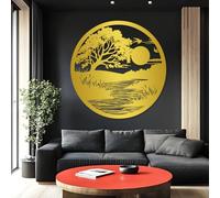 Décoration Murale en métal doré représentant Un Arbre au Coucher du Soleil, Sculpture Moderne pour Salon, Chambre, Couloir et escalier, Style Nature (Or)