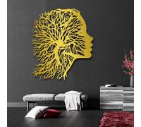 Décoration Murale en métal doré représentant Un Visage Abstrait et Un Arbre de Vie Grande Sculpture Moderne pour Bureau Salon Chambre Couloir et escaliers Idéale pour Une décoration intérieure Nature