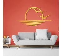 Décoration Murale en métal - Lever de Soleil, Soleil et mouettes, décoration Abstraite Coucher de Soleil, Art, Style côtier (76 x 41,5 cm, Or)