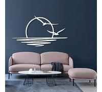 Décoration Murale en métal - Lever de Soleil, Soleil et mouettes, décoration Abstraite Coucher de Soleil, Art, Style côtier (76 x 41,5 cm, Blanc)