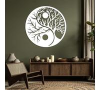 Décoration Murale en métal Minimaliste Moderne Arbre de Vie Yin Yang Méditation Familiale Ronde Chambre (60 x 60 cm Blanc)