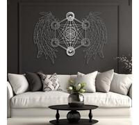 Décoration Murale en métal Minimaliste Moderne Géométrie sacrée Géométrie et Ailes d'ange Cube Métatron d'ange (Argent 41"x 29"| 106x76cm)