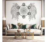 Décoration Murale en métal Minimaliste Moderne Géométrie sacrée Géométrie et Ailes d'ange Cube Métatron d'ange (Noir 26"x 18"| 62x48cm)