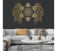 Décoration Murale en métal Minimaliste Moderne Géométrie sacrée Géométrie et Ailes d'ange Cube Métatron d'ange (Or 43"x 31"| 111x80cm)