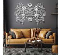 Décoration Murale en métal Minimaliste Moderne Géométrie sacrée Géométrie et Ailes d'ange Cube Métatron d'ange (Blanc 49"x 35"| 125x90cm)