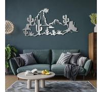 Décoration Murale en métal Minimaliste Moderne, Paysage désertique, Cactus dynamiques du sud-Ouest, suspensions de Salon (Argent 35"x 17" | 90x45cm)