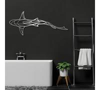 Décoration Murale en métal Minimaliste Moderne, thème Requin, Poisson, océan, Salon, Chambre ou Salle de Bain, à Suspendre (Argent 24"x 9" | 62x25cm)