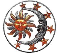 Décoration murale en métal motif soleil et lune - Sculpture céleste extérieure - Style rustique vintage - Motif lune étoile - Pour maison salon chambre à coucher (marron)