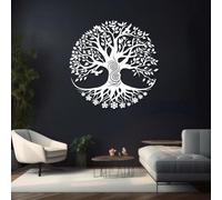 Décoration Murale en métal Noir représentant Un Arbre de Vie et Un Oiseau, Forme Ronde, inspirée par la Nature. Idéale pour décorer Un Salon, Une Chambre, Un Couloir ou Un escalier. (Noir, 8