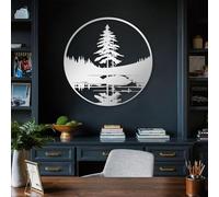 Décoration Murale en métal Noir représentant Un lac et Une forêt, Un Paysage de pins en métal, Une Sculpture Moderne pour Le Salon, la Chambre, Le Couloir et Les escaliers (Argent 89 x 89 cm