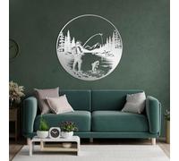 Décoration Murale en métal Noir représentant Une scène de pêche, Un pêcheur et Un Paysage Naturel. Illustration de lac et de Montagne pour Salon, Chambre, Couloir et escalier. (Noir, 99 cm d