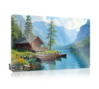 Décoration murale en métal pour entrée d'entrée, accessoires de sous-sol, cabane paisible au bord du lac avec canoës | Art mural de qualité rustique (20 x 30 cm)