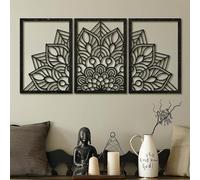 Décoration Murale en métal pour Salon, Ensemble de 3 Mandalas et Fleurs de Lotus, Style Minimaliste, Grand Format, pour lit (Noir, 72 x 100 cm).