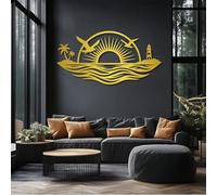 Décoration Murale en métal représentant des mouettes Noires au Coucher du Soleil, Un Phare côtier et des Vagues océaniques, Une Sculpture Moderne pour Le Salon, la Chambre, Le Couloir et Les