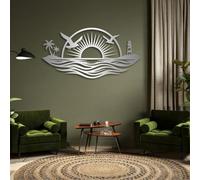 Décoration Murale en métal représentant des mouettes Noires au Coucher du Soleil, Un Phare côtier et des Vagues, Une Sculpture Moderne pour Le Salon, la Chambre, Le Couloir et Les escaliers