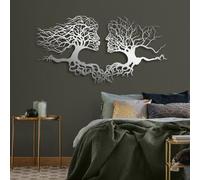 Décoration murale en métal représentant un arbre abstrait, motif homme-femme, grande œuvre d'art, sculpture moderne pour salon, chambre, couloir et escaliers, cadeau nature (argent, 135 x 71 cm)
