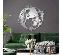 Décoration Murale en métal représentant Un Poisson koï Yin Yang, Style Zen et Feng Shui Asiatique, Sculpture d'art Moderne pour Salon, Chambre, Couloir et escaliers (Argent, 60 x 60 cm)