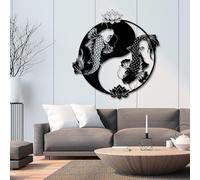 Décoration Murale en métal représentant Un Poisson koï Yin Yang, Style Zen et Feng Shui Asiatique, Sculpture d'art Moderne pour Salon, Chambre, Couloir et escaliers (Noir, 60 x 60 cm)