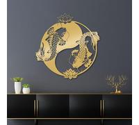 Décoration Murale en métal représentant Un Poisson koï Yin Yang, Style Zen et Feng Shui Asiatique, Sculpture d'art Moderne pour Salon, Chambre, Couloir et escaliers (doré, 60 x 60 cm)