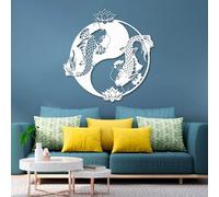 Décoration Murale en métal représentant Un Poisson koï Yin Yang, Style Zen et Feng Shui Asiatique, Sculpture d'art Moderne pour Salon, Chambre, Couloir et escaliers (Blanc, 60 x 60 cm)
