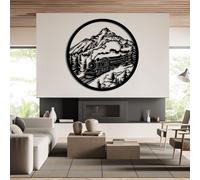 Décoration Murale en métal représentant Un Train à Vapeur et Une Montagne, décoration ferroviaire, décoration de forêt de Montagne, Nature Ronde pour Salon, Chambre, chal