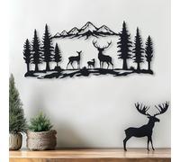 Décoration Murale en métal représentant Une Famille de Cerfs, Paysage de Montagne et de forêt, Panneau Nature avec Cerfs pour Le Salon, Cadeau pour Les Amoureux de la Faune (35" x 18" | 90 x 45 cm)