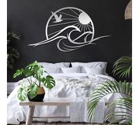 Décoration Murale en métal représentant Une Vague océanique, Un Soleil et des mouettes, Style Moderne, Symbole de la Nature et de la Plage (25" x 48" | 64 x 121 cm, argen
