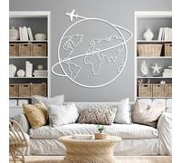 Décoration Murale en métal Sculpture Suspendue représentant Une Carte du Monde avec des Avions Blanche 80 x 77 cm (31 x 30 Pouces)