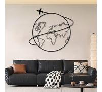 Décoration Murale en métal Sculpture Suspendue représentant Une Carte du Monde avec des Avions pour Salon Chambre ou Bureau Noir 47 x 45 cm (19 x 18 Pouces)