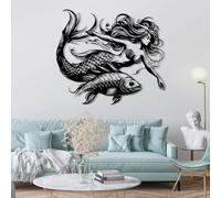 Décoration Murale en métal sirène océan, Poisson Mural Nautique, œuvre d'art Marine, Sculpture Moderne pour Salon, Chambre, Couloir et escaliers, Cadeau Nature pour la Maison (Noir, 76 x 67 cm, d