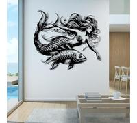 Décoration Murale en métal sirène océan, Poisson Mural Nautique, œuvre d'art Marine, Sculpture Moderne pour Salon, Chambre, Couloir et escaliers, Cadeau Nature pour la Maison (Noir, 70 x 62 cm,