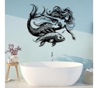 Décoration Murale en métal sirène océan, Poisson Mural Nautique, œuvre d'art Marine, Sculpture Moderne pour Salon, Chambre, Couloir et escaliers, Cadeau Nature pour la Maison (Noir, 80 x 71 cm,