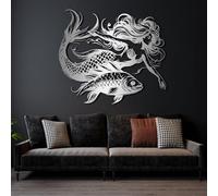 Décoration Murale en métal sirène océan, Poisson Mural Nautique, œuvre d'art Marine, Sculpture Moderne pour Salon, Chambre, Couloir et escaliers, Cadeau Nature pour la Maison (Argent, 120 x 106