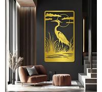 Décoration Murale héron Bleu en métal doré, Oiseau côtier élégant, Sculpture Moderne représentant Un héron pour Salon, Chambre, Couloir et escaliers, décoration intérieure Nature (Or 30x1