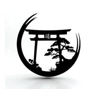 Décoration murale japonaise en métal Torii Gate & Bonsaï - Sculpture ronde inspirée du zen pour salon, coin de méditation ou entrée - Design minimaliste noir découpé au laser pour l'intérieur ou