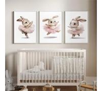 Décoration murale lapin rose pour chambre de bébé, affiches mignonnes, impressions, décoration murale, photos, robe rose preppy, œuvre d'art de ballet de lapin (70 x 90 cm x 3/cadre intérieur)